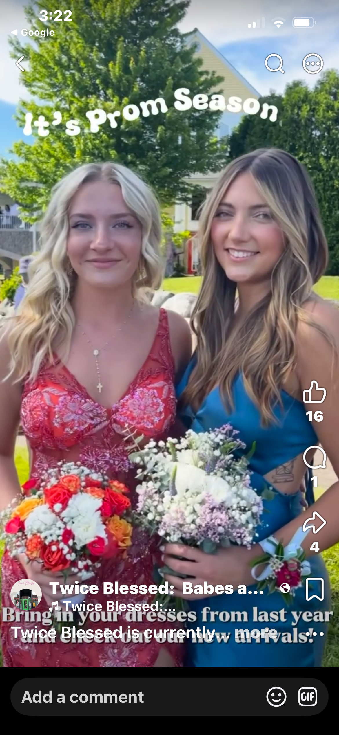 Two girls in red and blue prom dresses holding bouquets — It's Prom Season at Twice Blessed