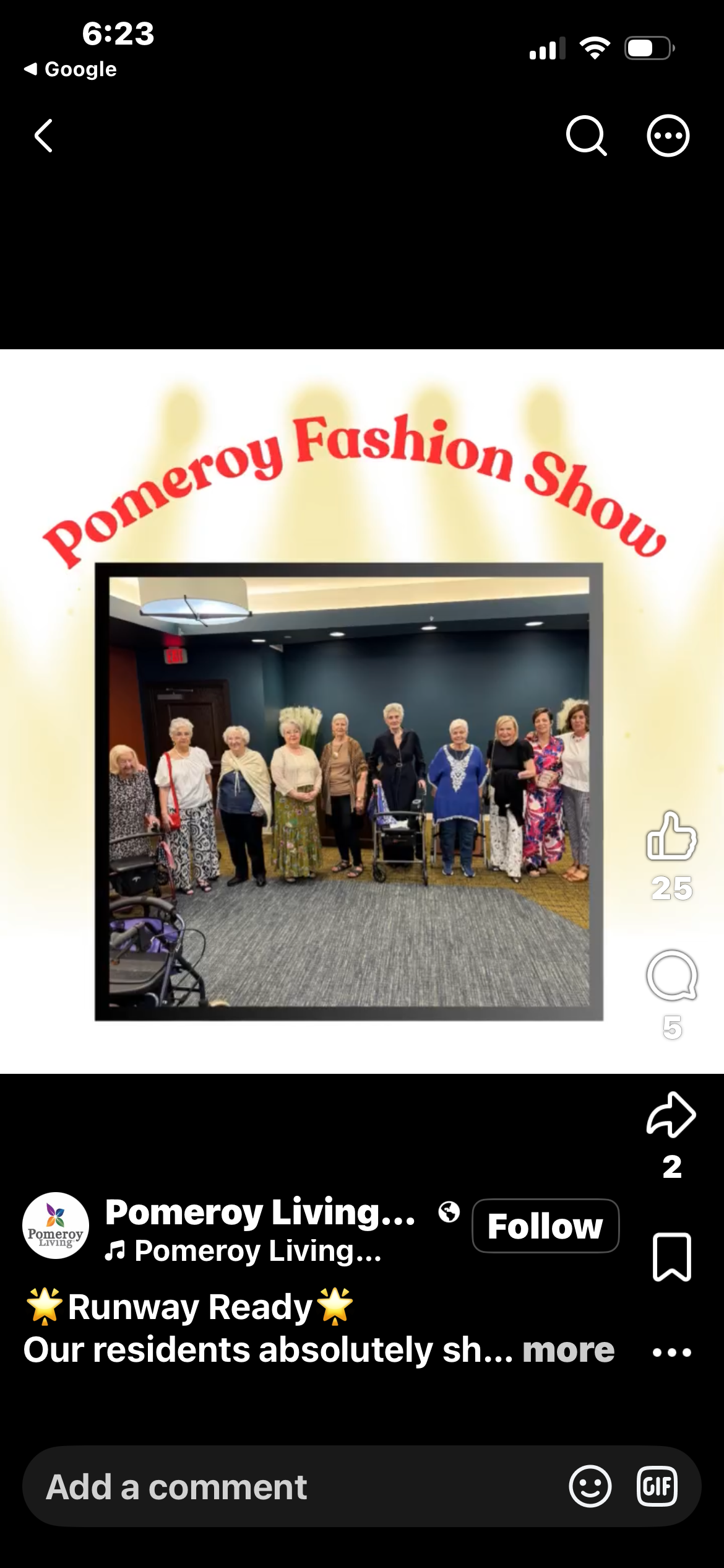 Group of Pomeroy Living residents on the runway at the Senior Fashion Show — June 2026