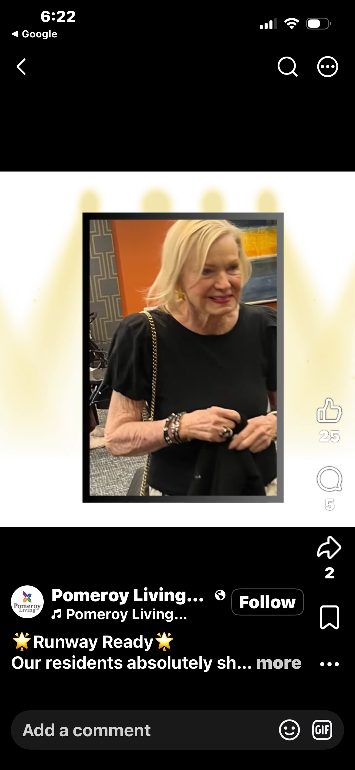 Pomeroy Living resident in black top with chain-strap bag at the Senior Fashion Show