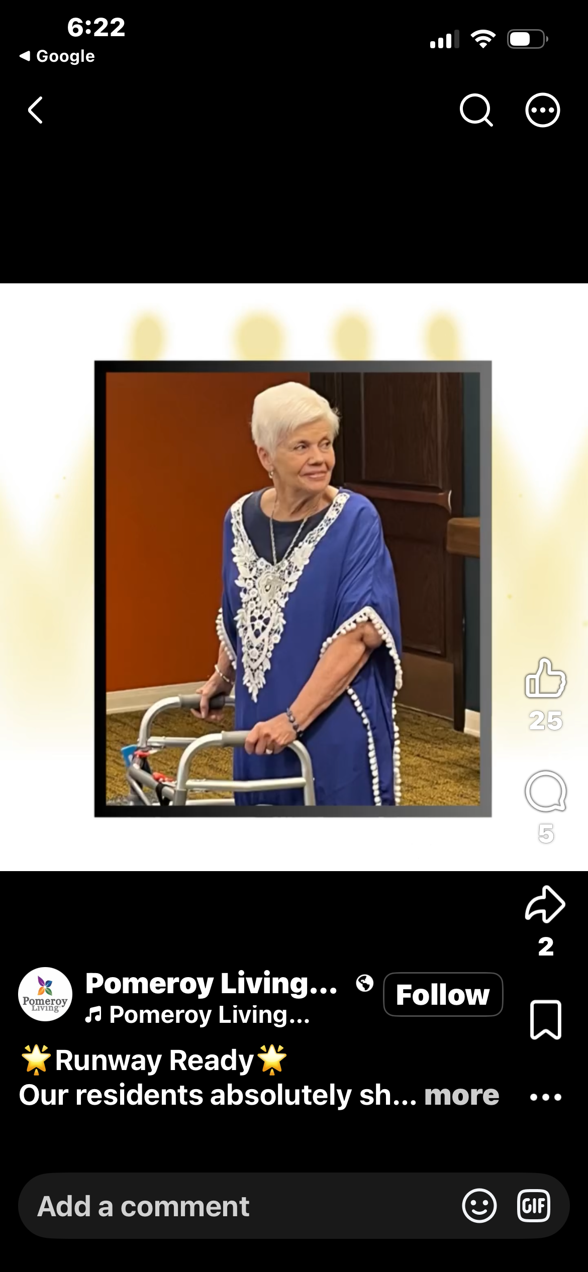 Pomeroy Living resident in a royal blue embroidered kaftan at the Senior Fashion Show
