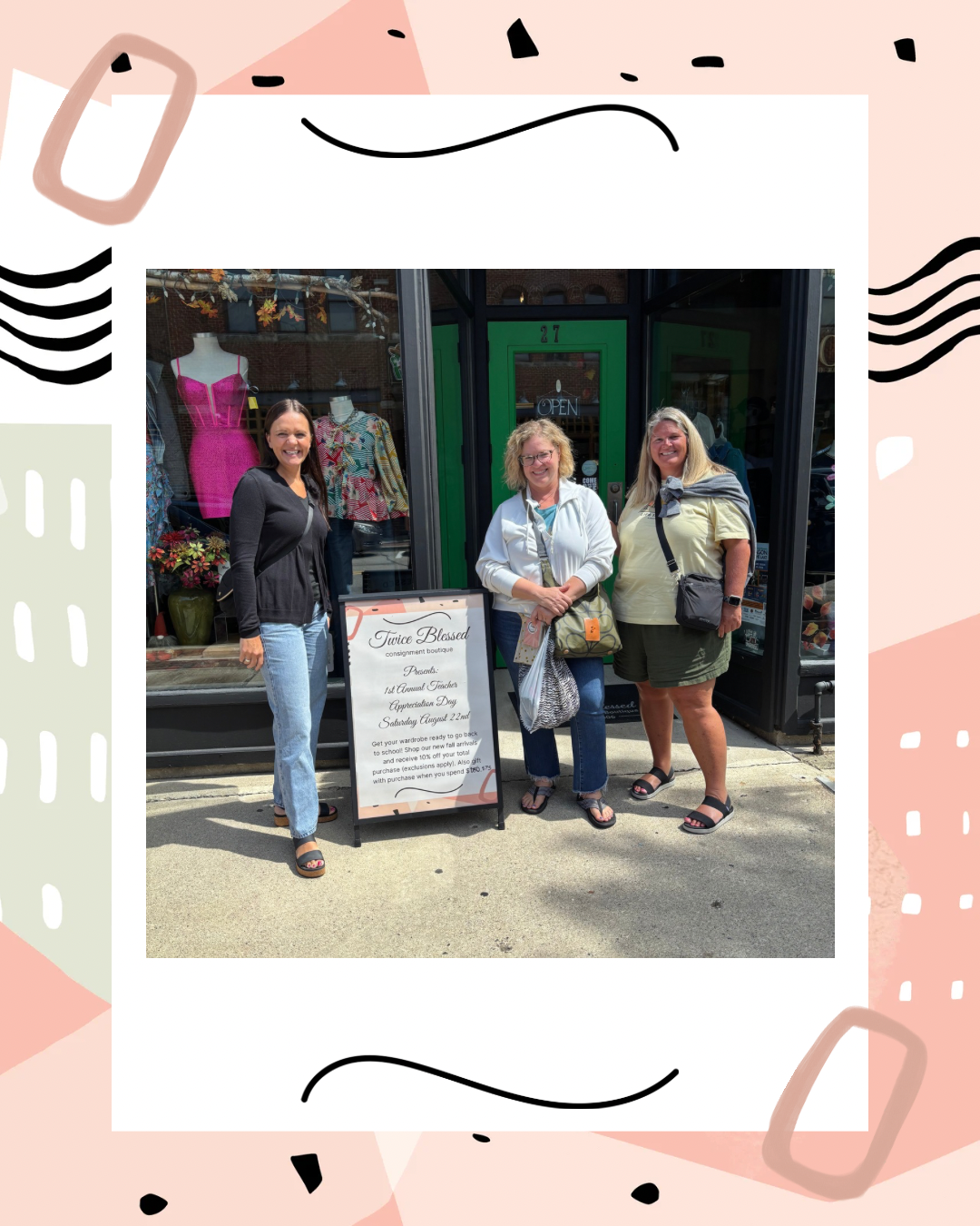 Three women posing at the Twice Blessed storefront for Teacher Appreciation Day