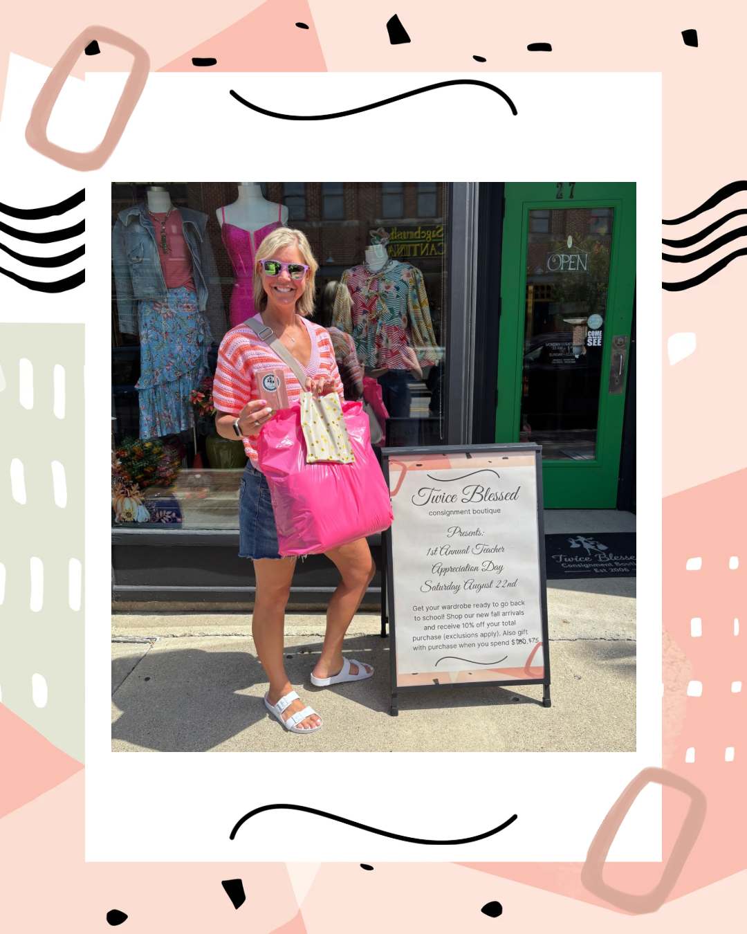 Happy teacher with pink shopping bag at Twice Blessed 1st Annual Teacher Appreciation Day