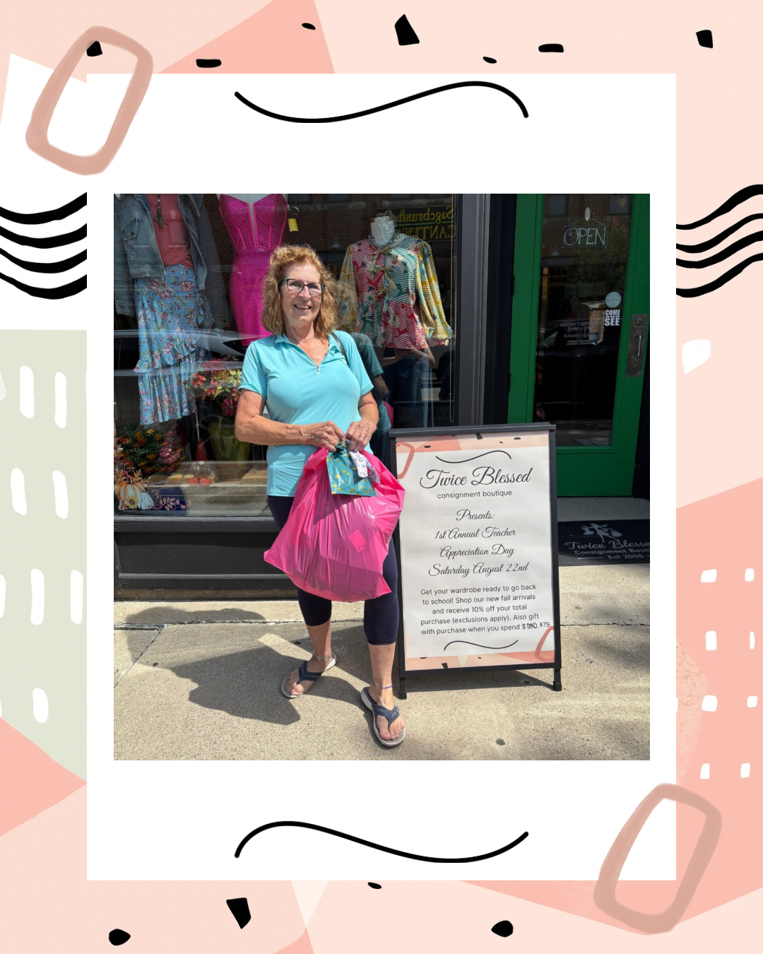 Teacher in teal top with pink shopping bag at Twice Blessed Teacher Appreciation Day
